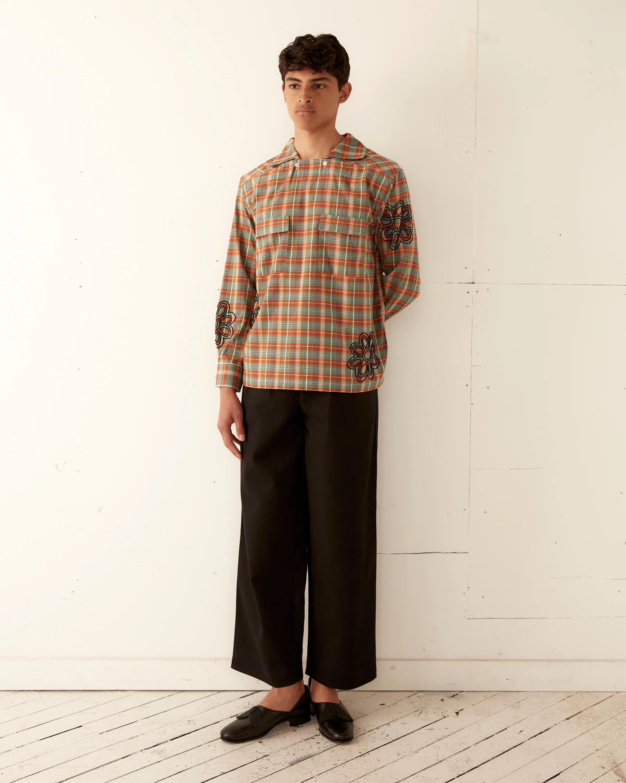 Beaded Floral Madras Long Sleeve Shirt - Blue - Image 2
