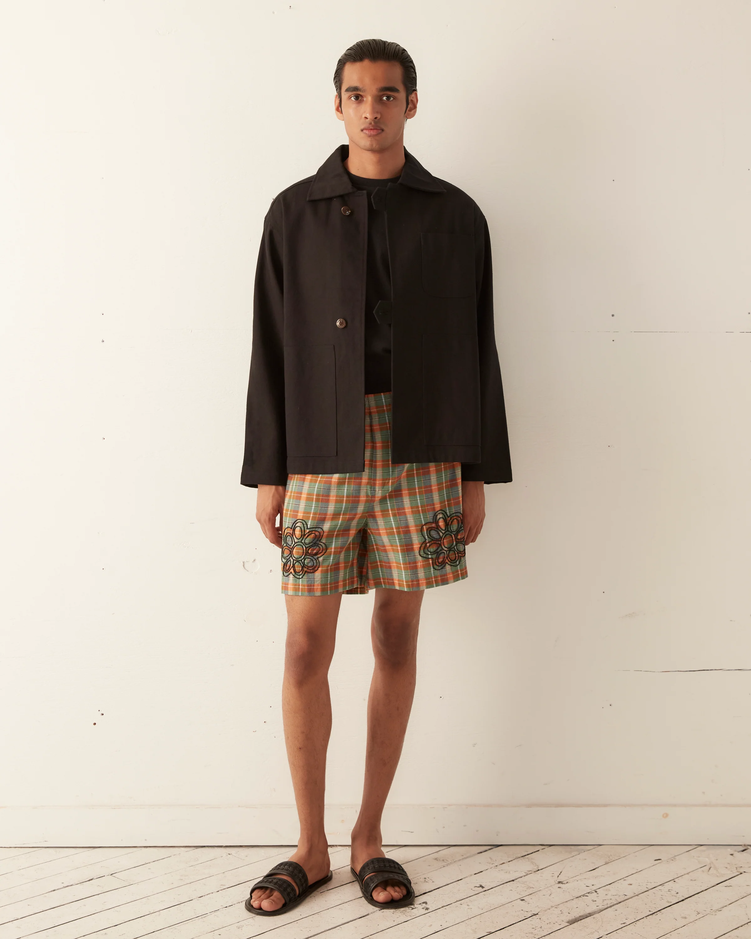 Beaded Floral Madras Shorts - Blue - Image 4