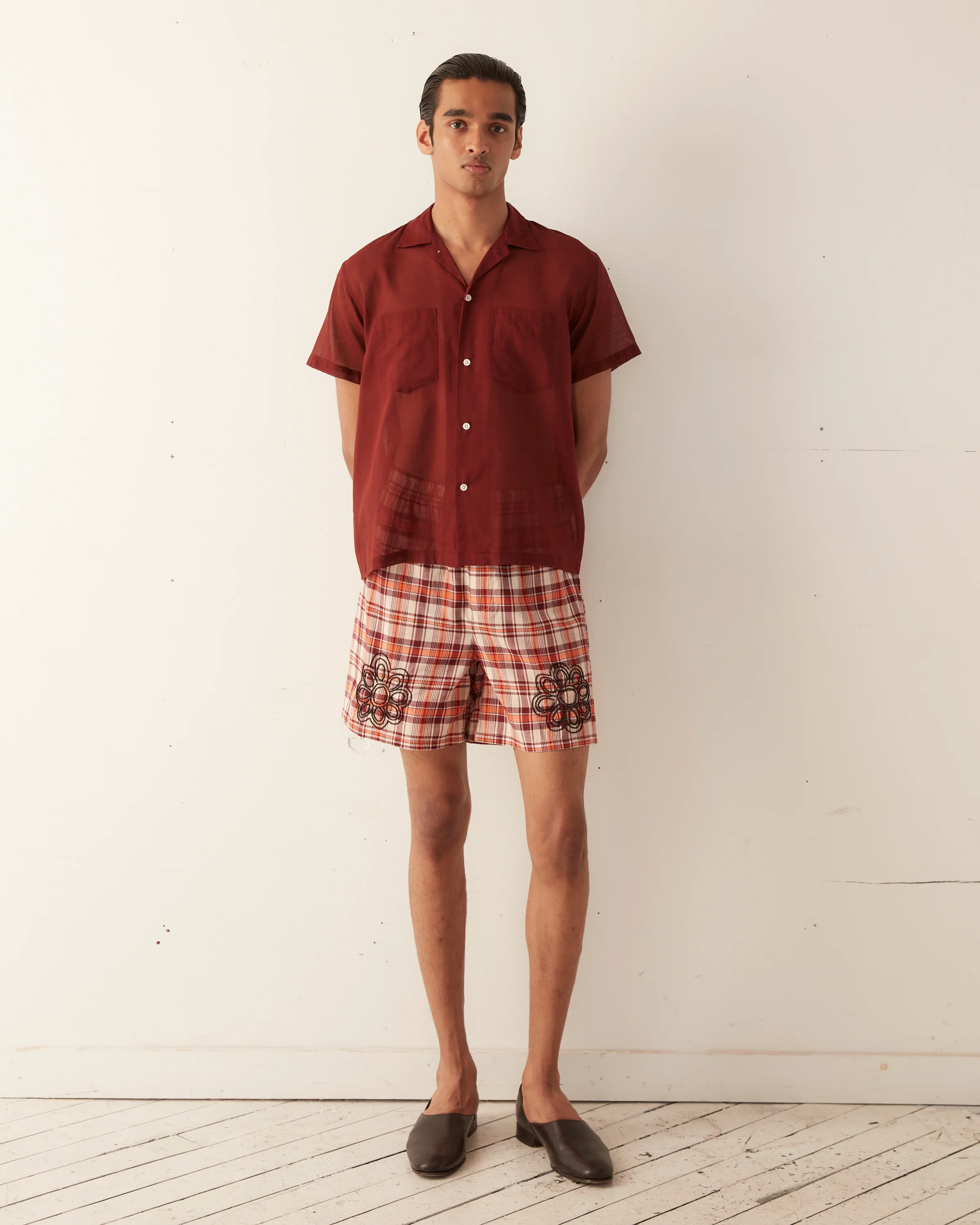 Beaded Floral Madras Shorts - Red - Image 4