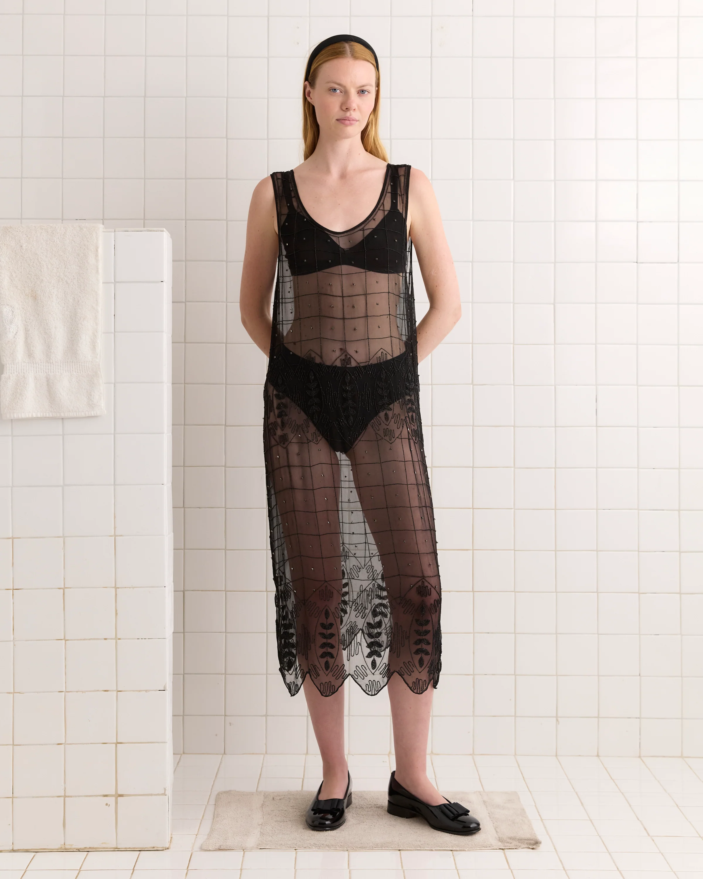 Beaded Grid Vine Dress - Black