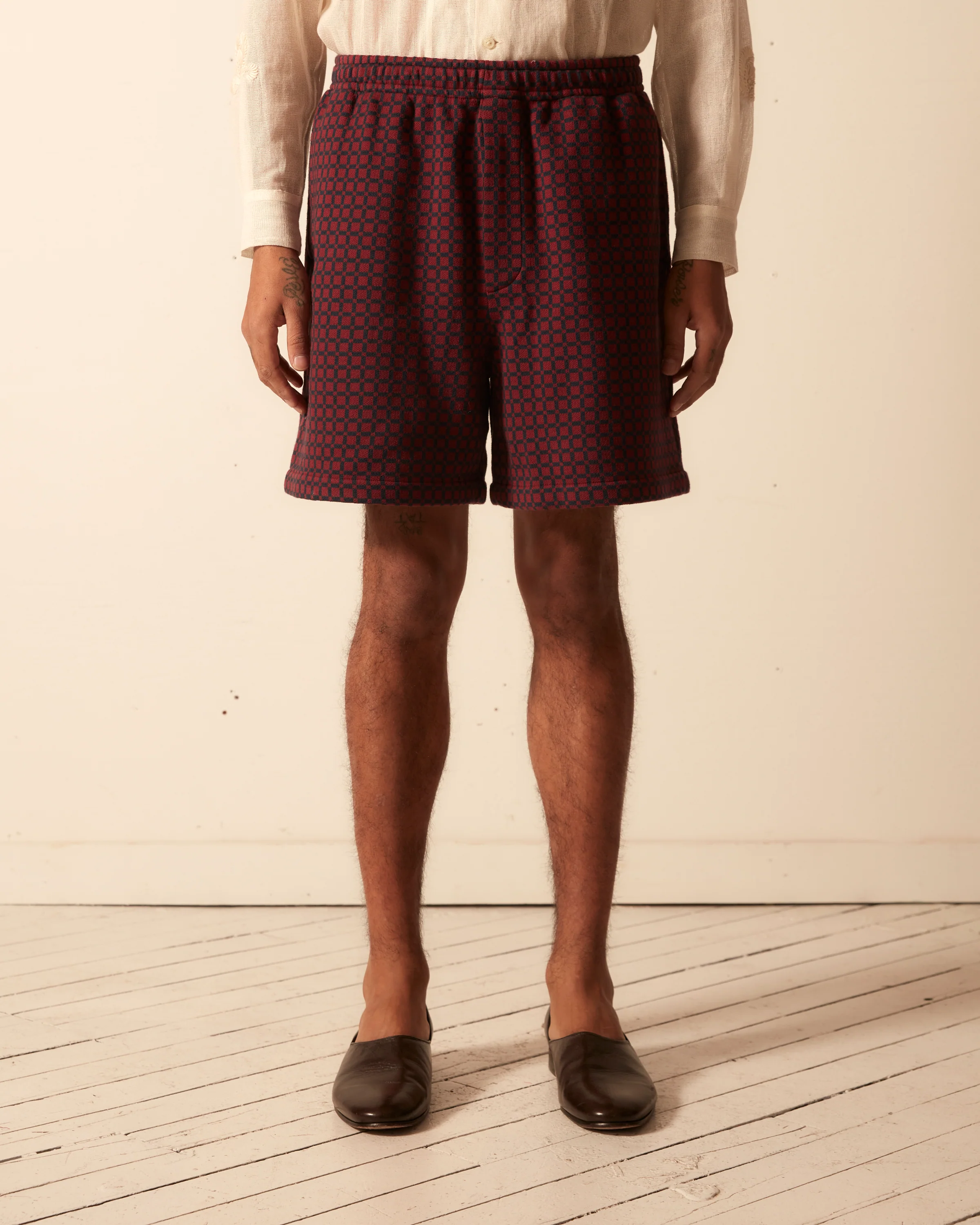 Checker Jacquard Rugby Short - Navy and Maroon - Image 2