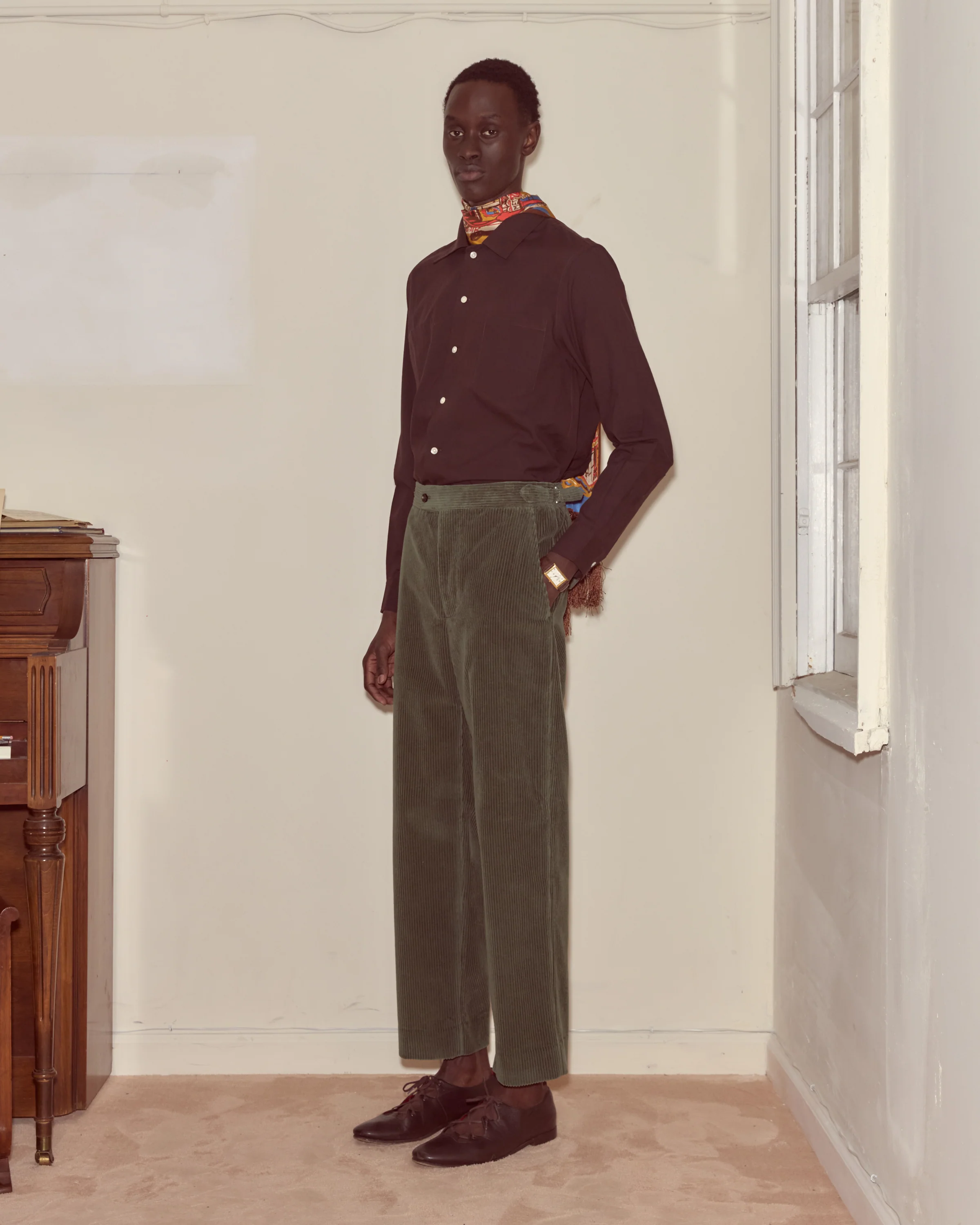 Corduroy Side-Buckle Trousers - Green