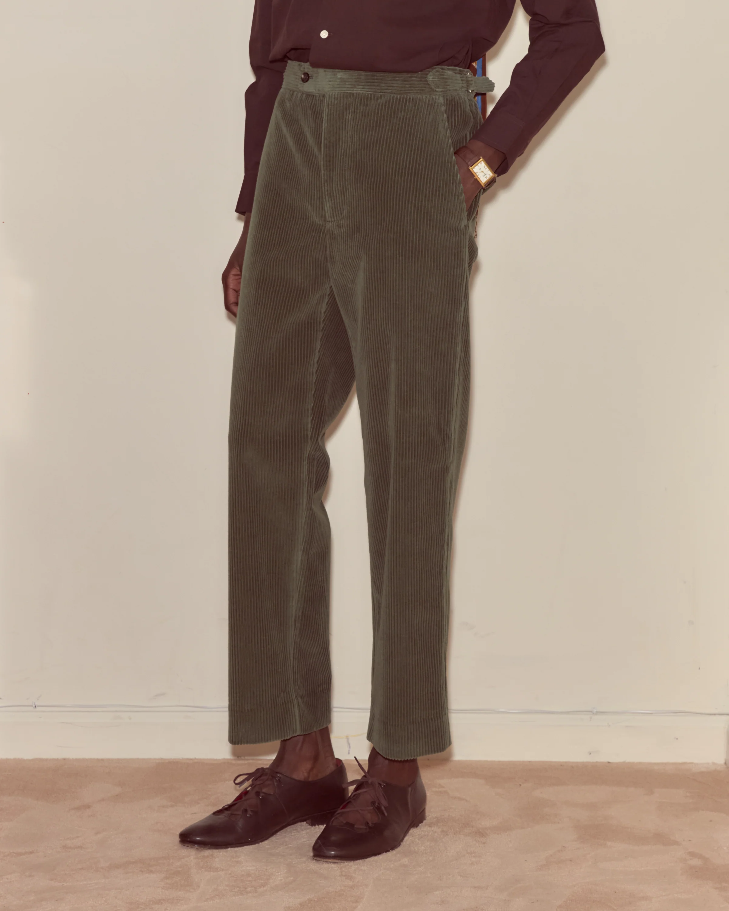 Corduroy Side-Buckle Trousers - Green - Image 2