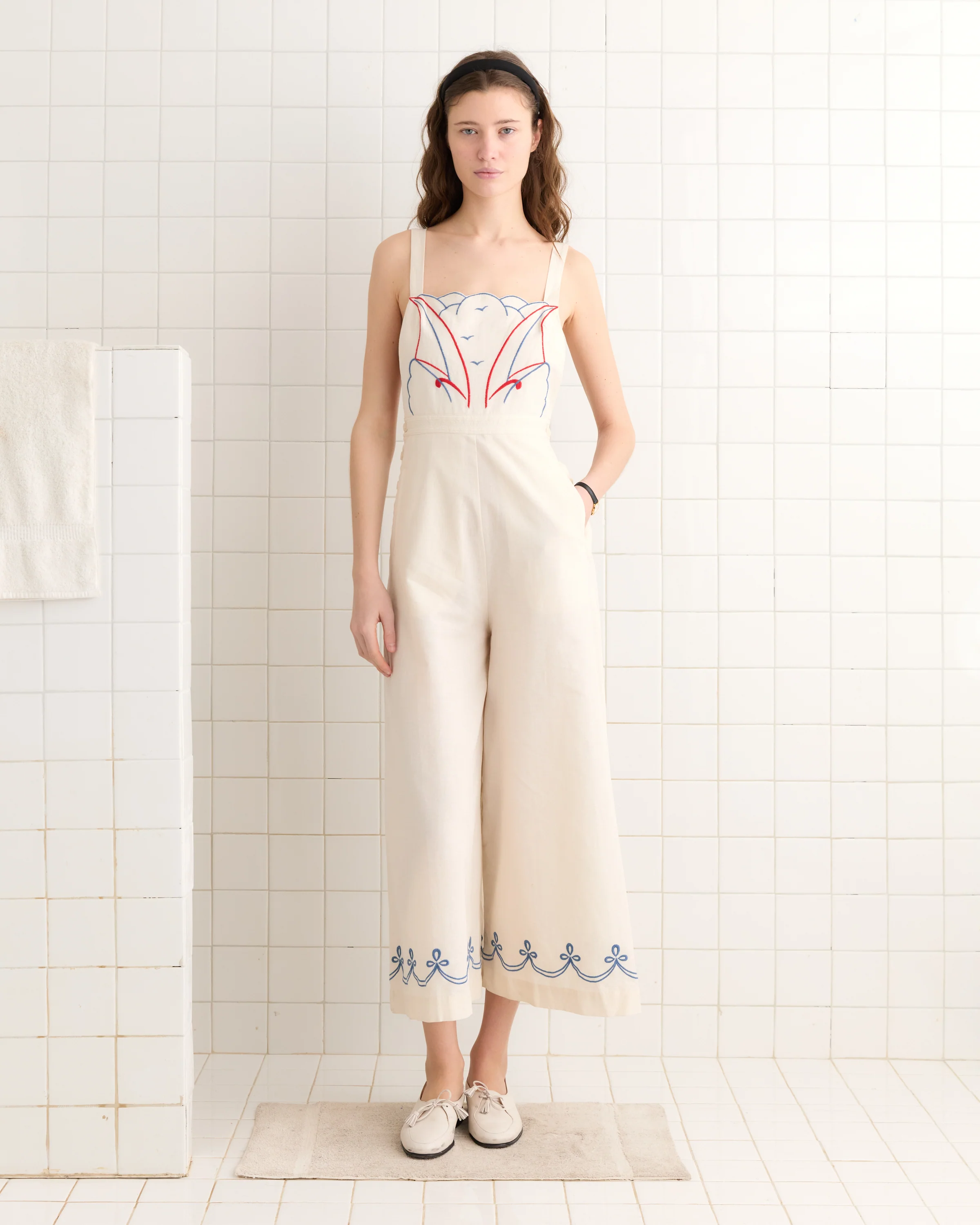 Embroidered Sailboat Jumpsuit - White/Multi