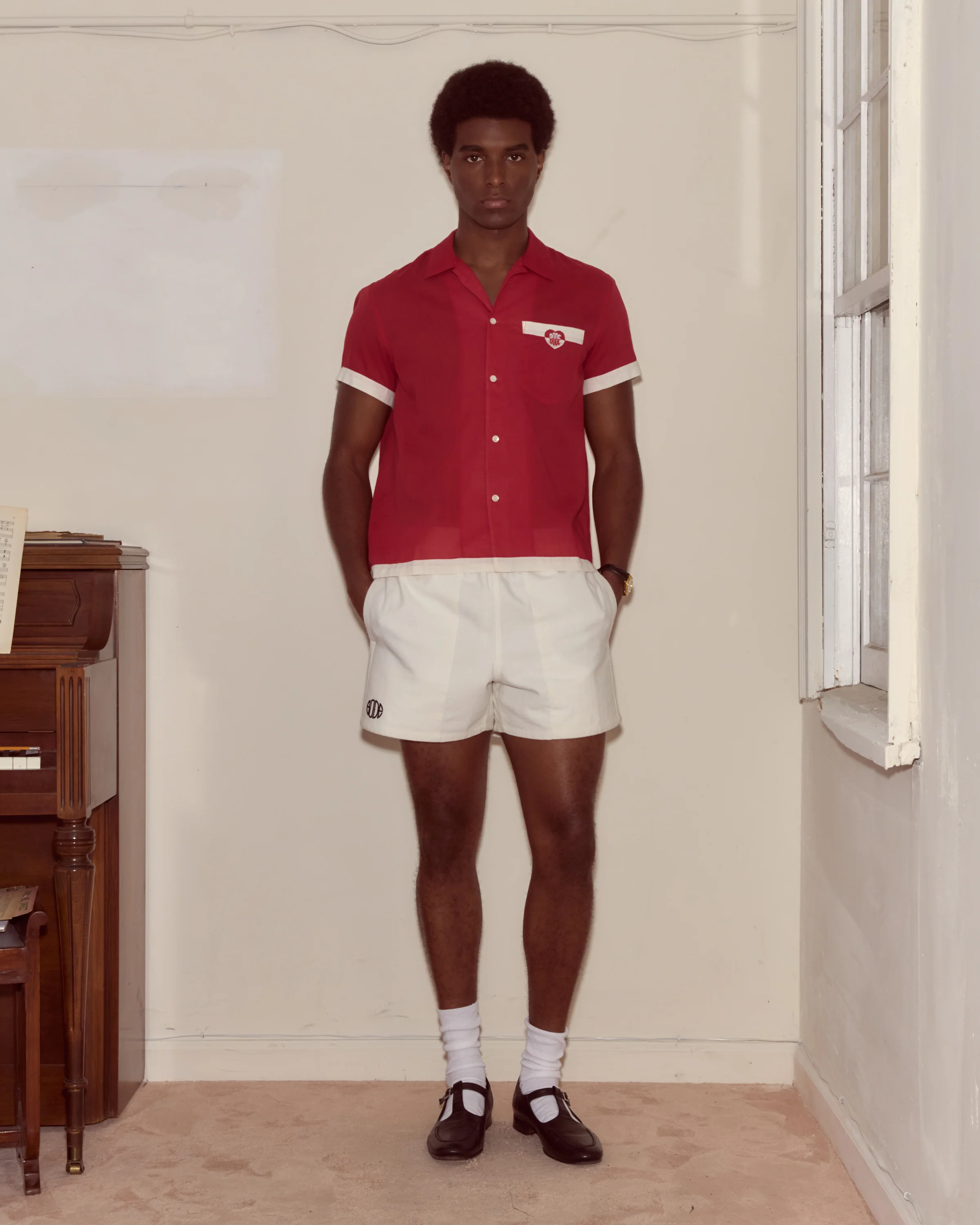 Heart Deco Short Sleeve Shirt - Red/White