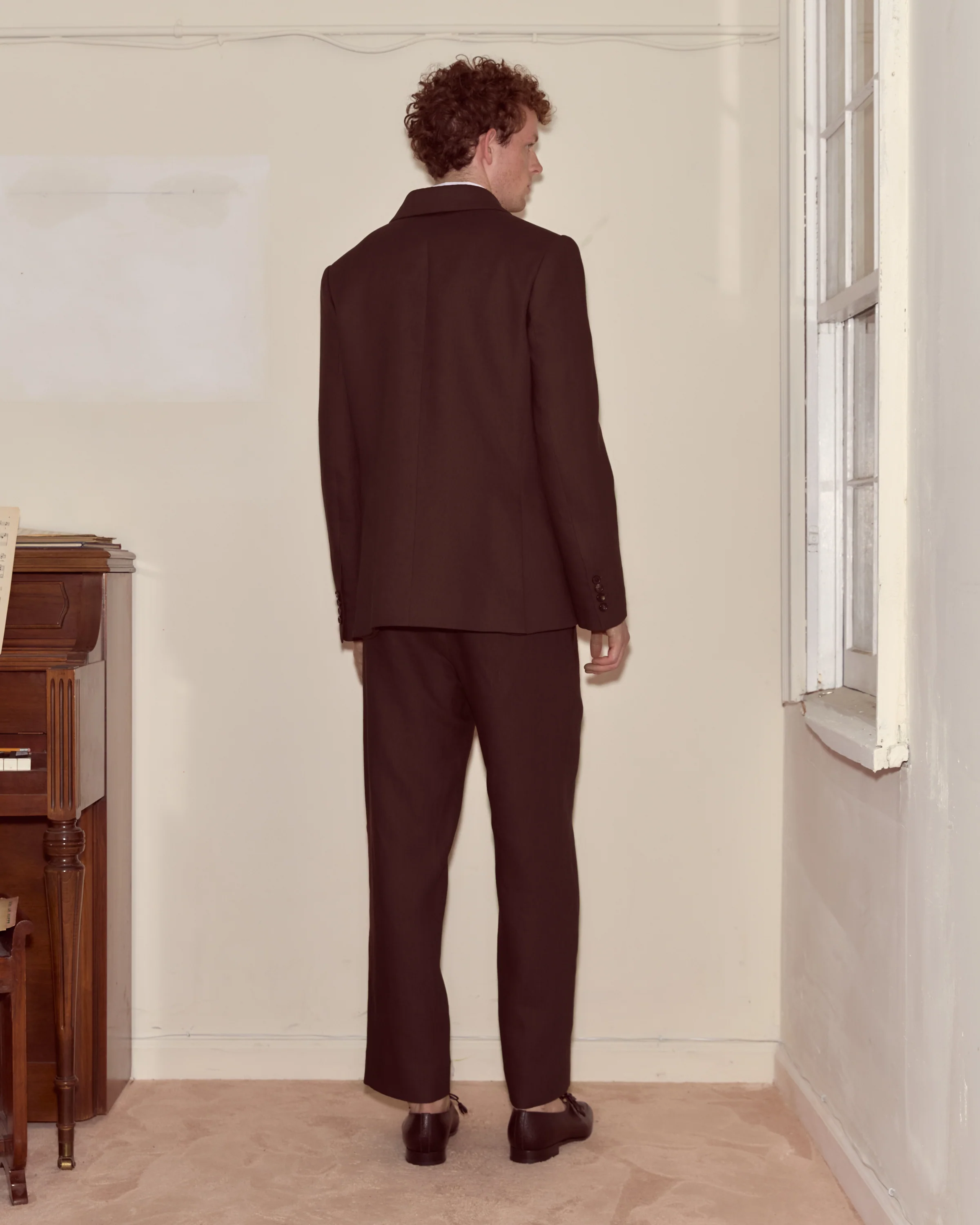 Lightweight Linen Double-Breasted Suit Jacket - Brown/Black - Image 3