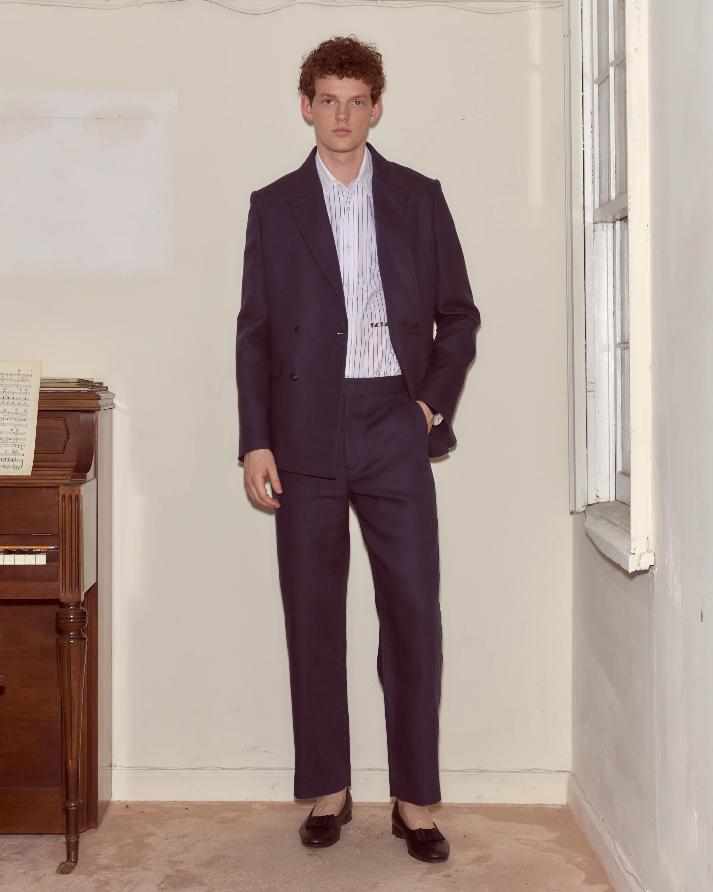 Lightweight Linen Double-Breasted Suit Jacket - Midnight