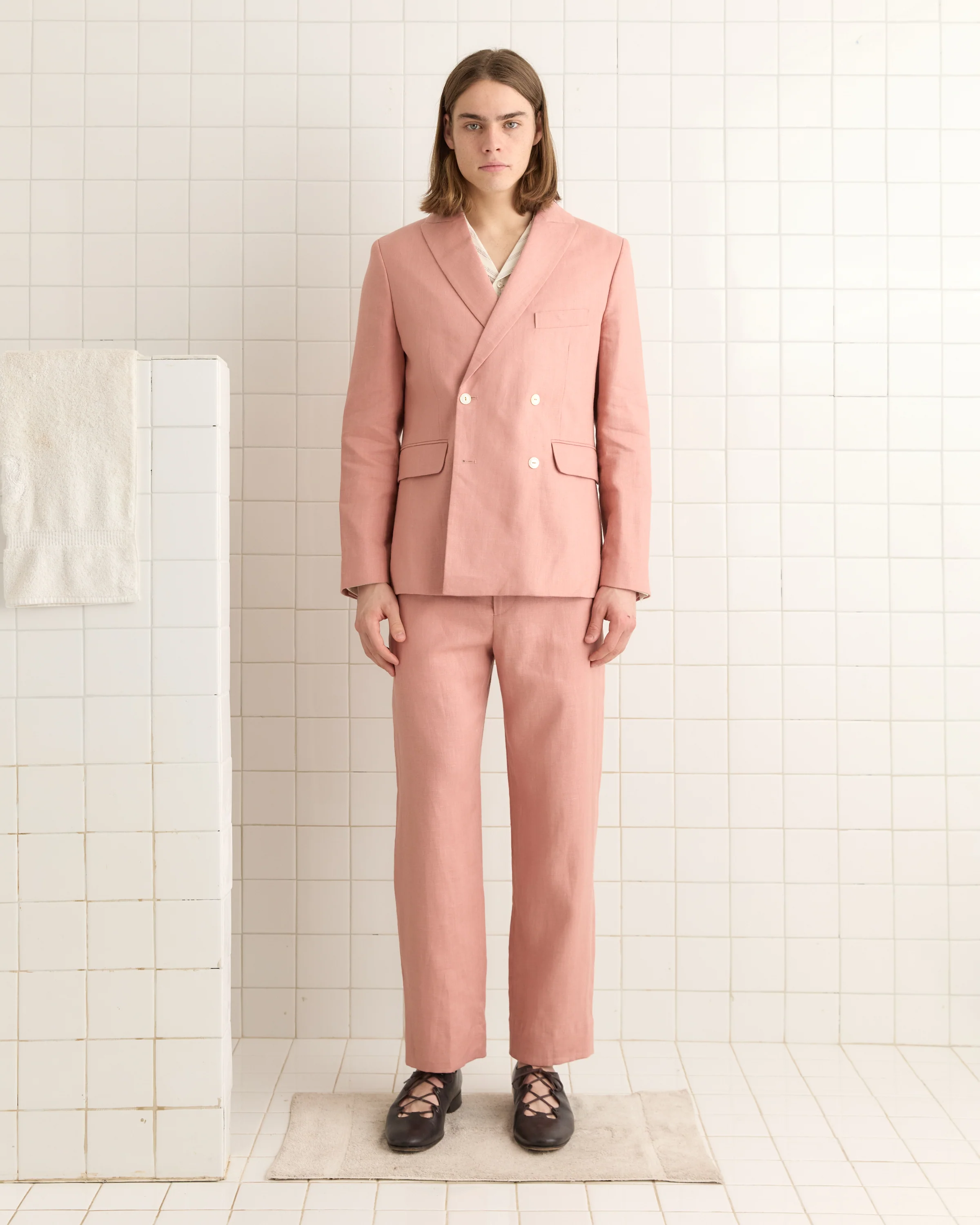 Lightweight Linen Double-Breasted Suit Jacket - Pink