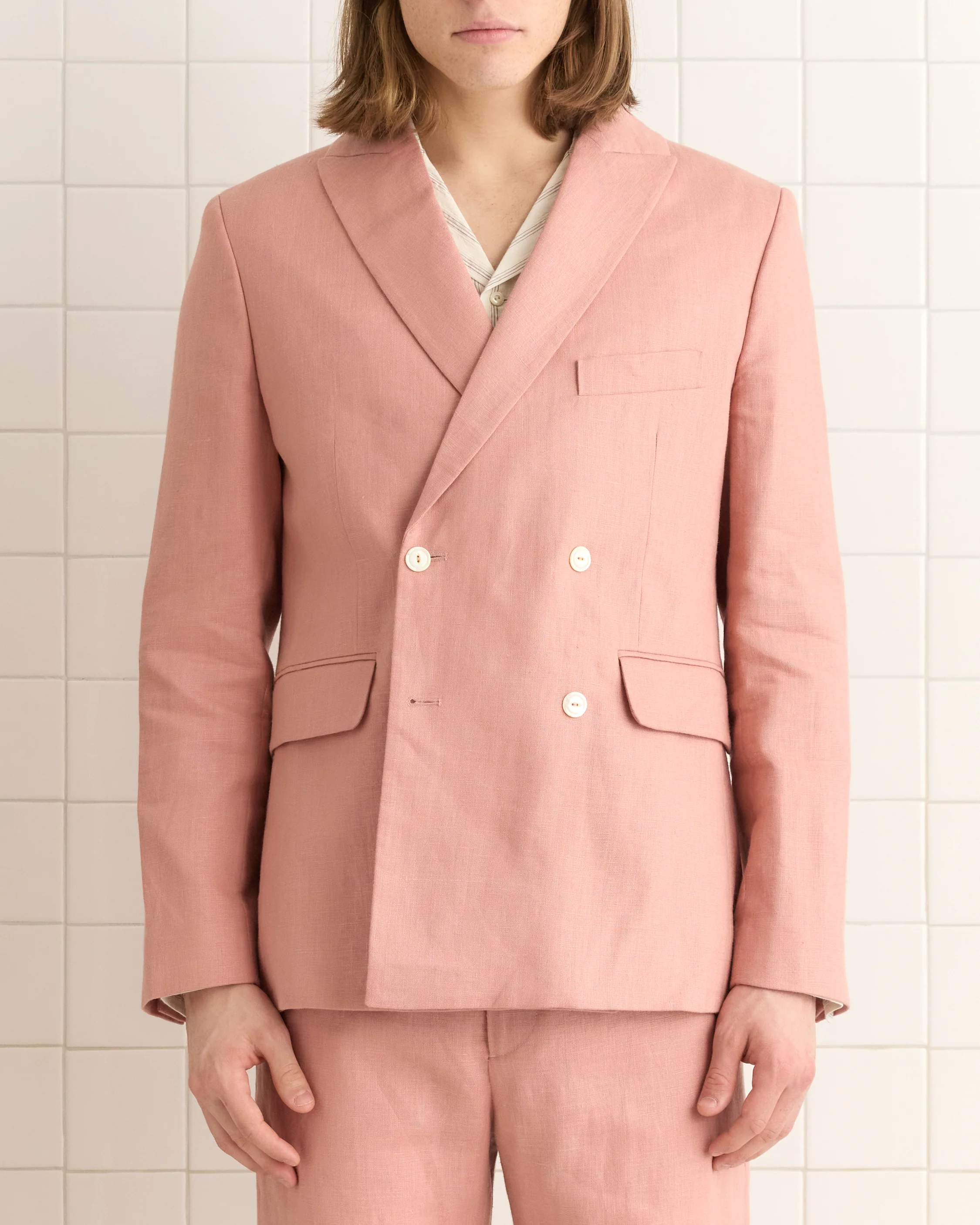 Lightweight Linen Double-Breasted Suit Jacket - Pink - Image 2
