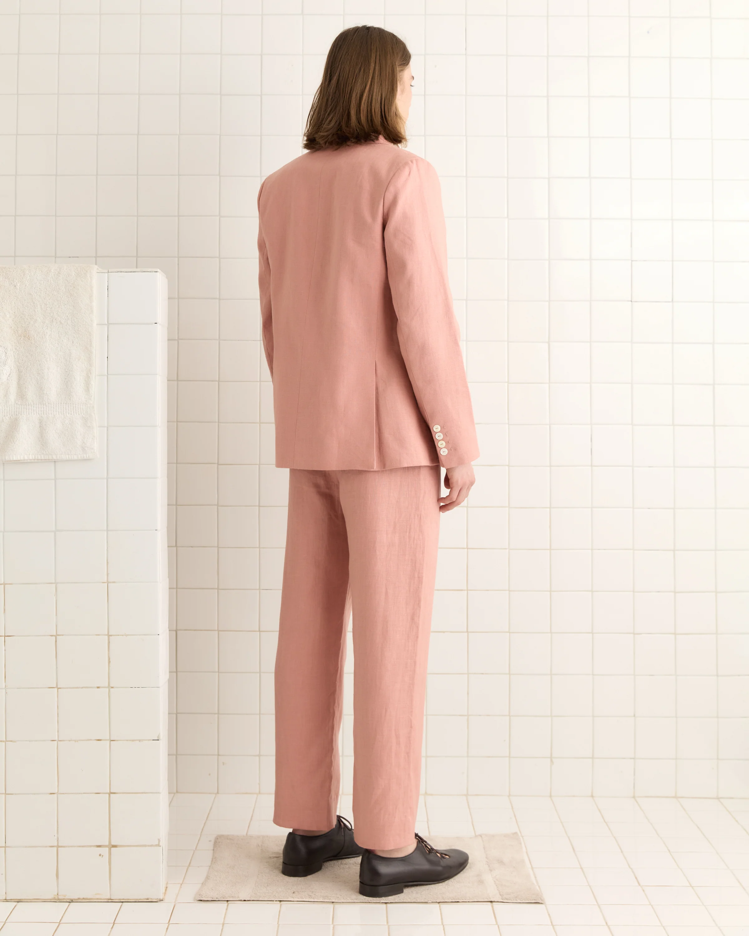 Lightweight Linen Double-Breasted Suit Jacket - Pink - Image 3