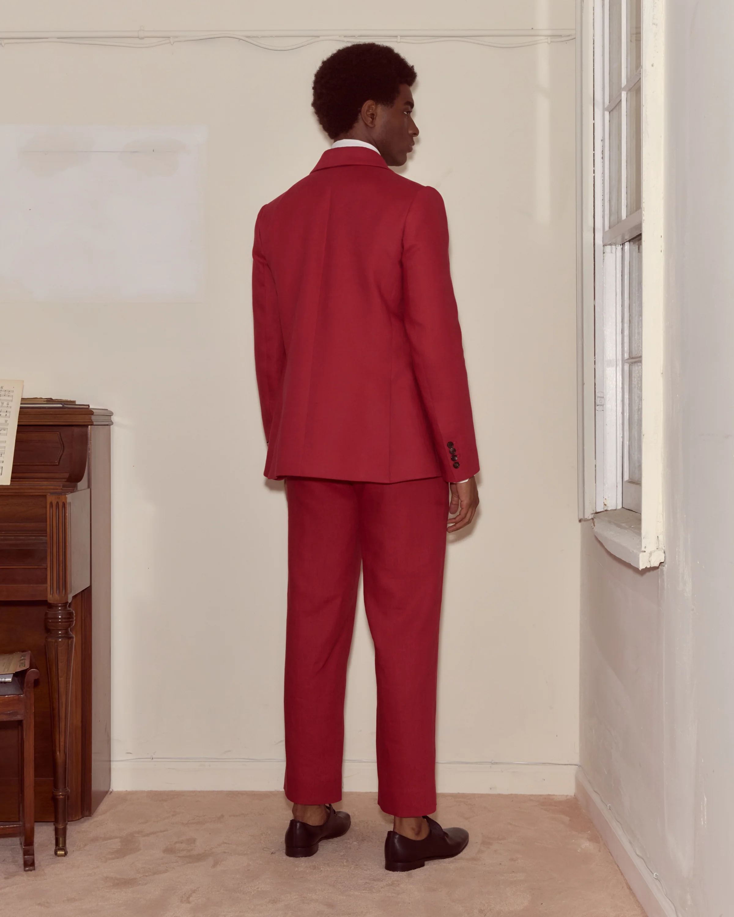 Lightweight Linen Double-Breasted Suit Jacket - Red - Image 3