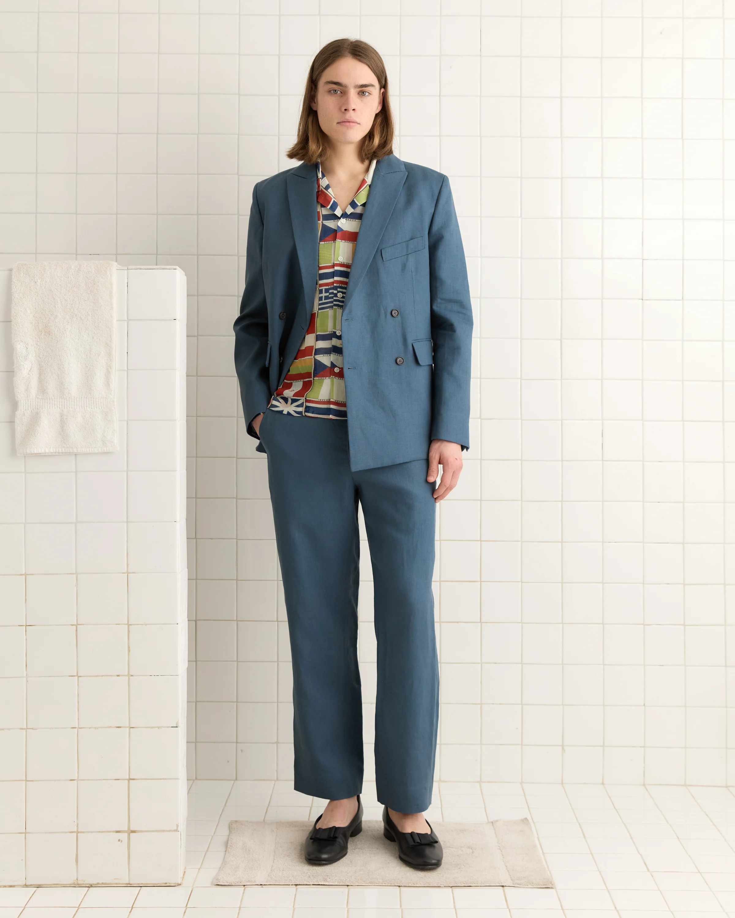 Lightweight Linen Double-Breasted Suit Jacket - Teal