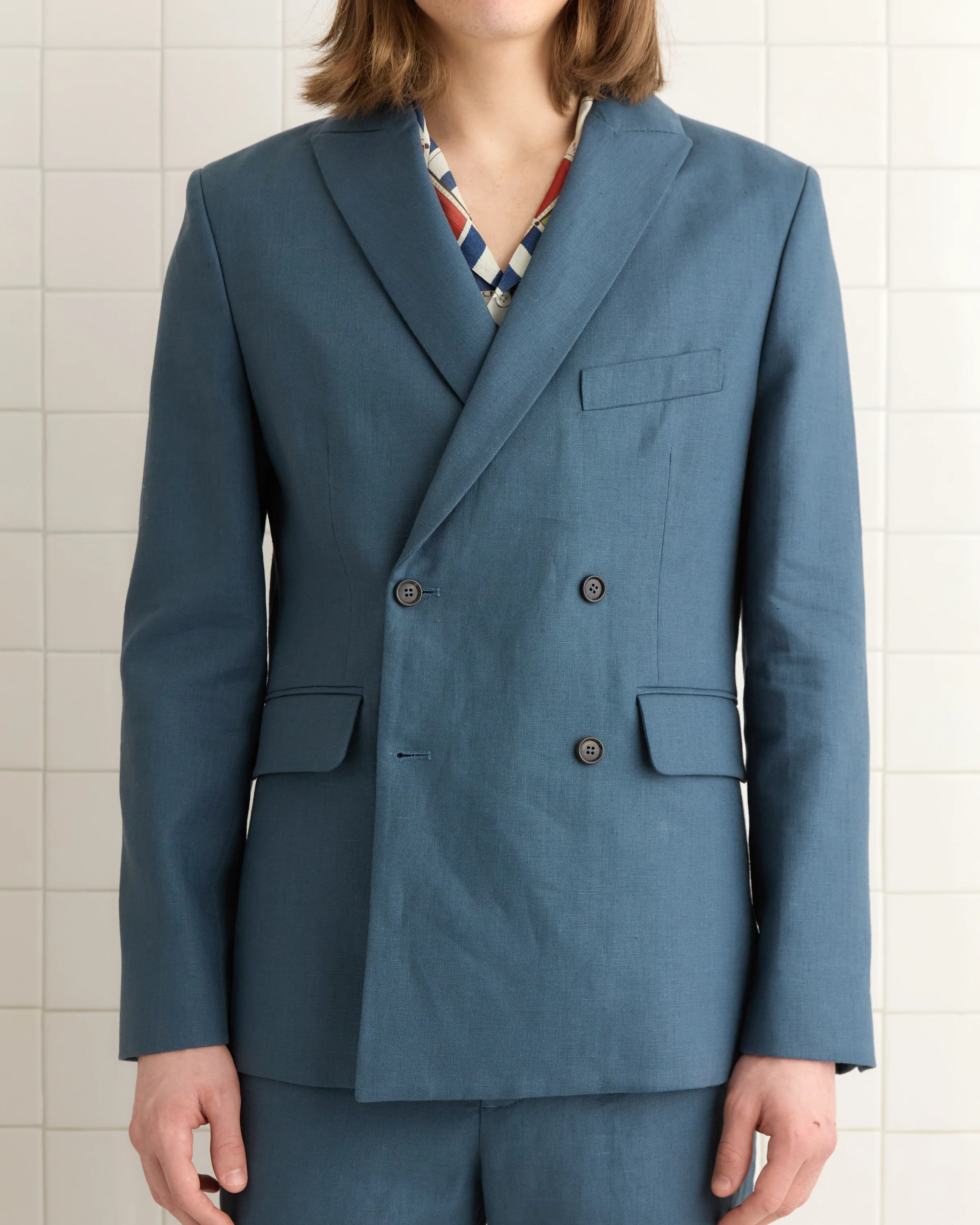 Lightweight Linen Double-Breasted Suit Jacket - Teal - Image 2