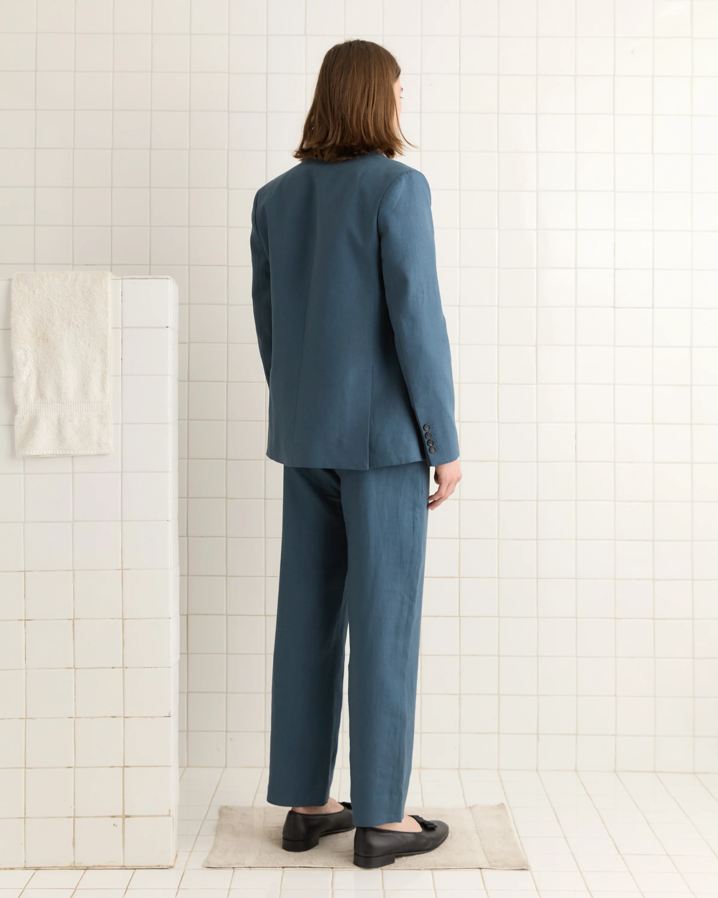 Lightweight Linen Double-Breasted Suit Jacket - Teal - Image 3