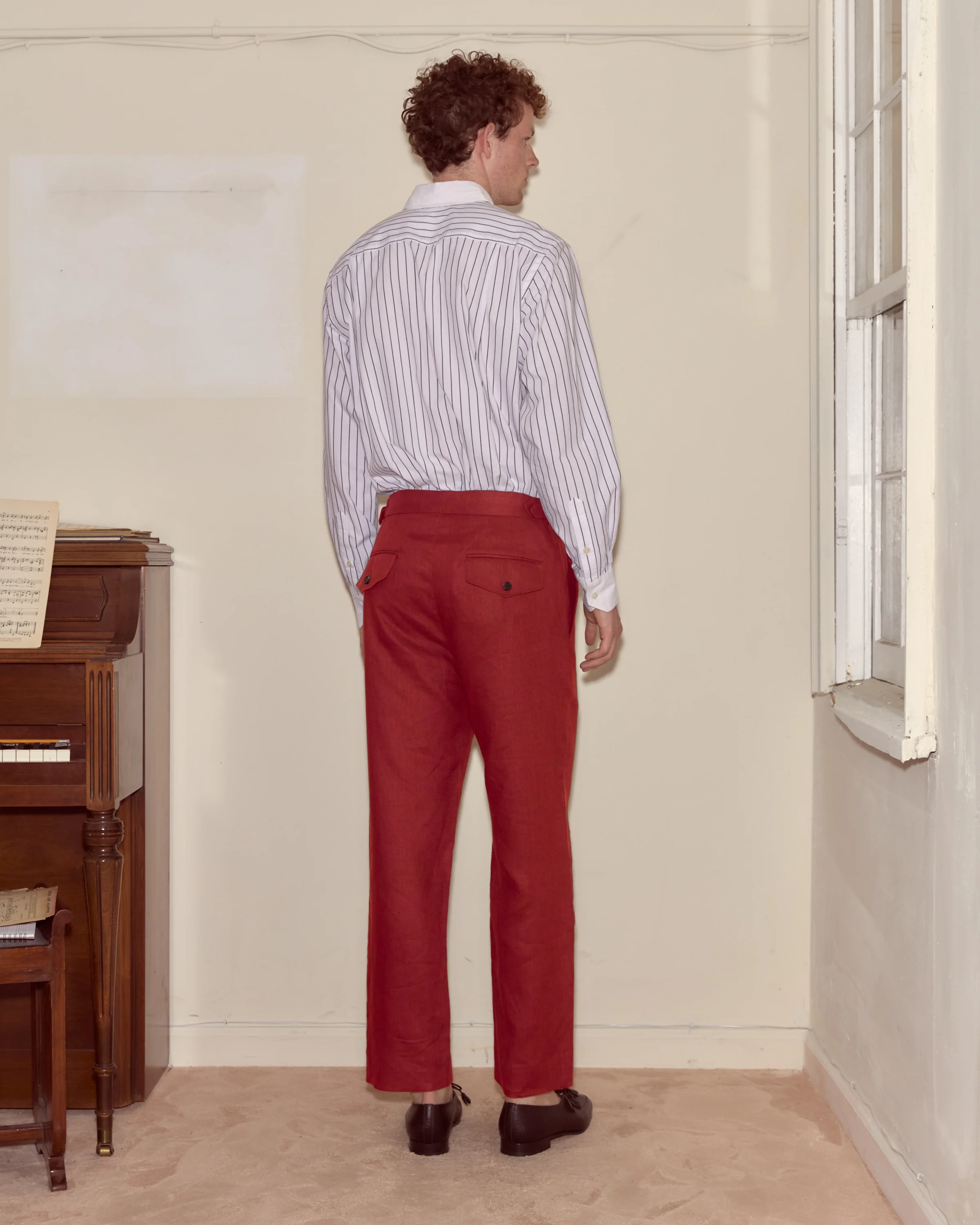 Lightweight Linen Side-Buckle Trousers - Red - Image 3