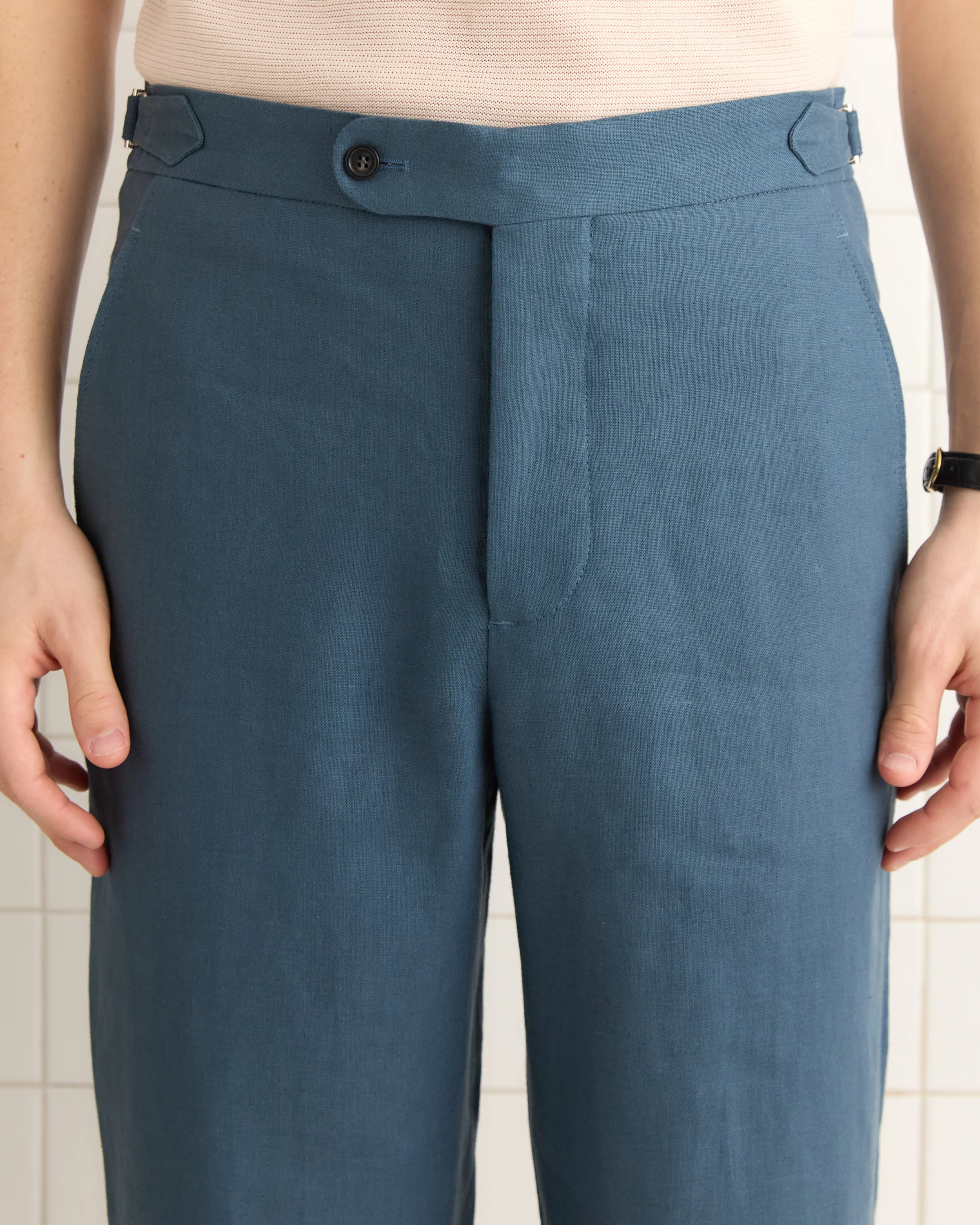 Lightweight Linen Side-Buckle Trousers - Teal - Image 2