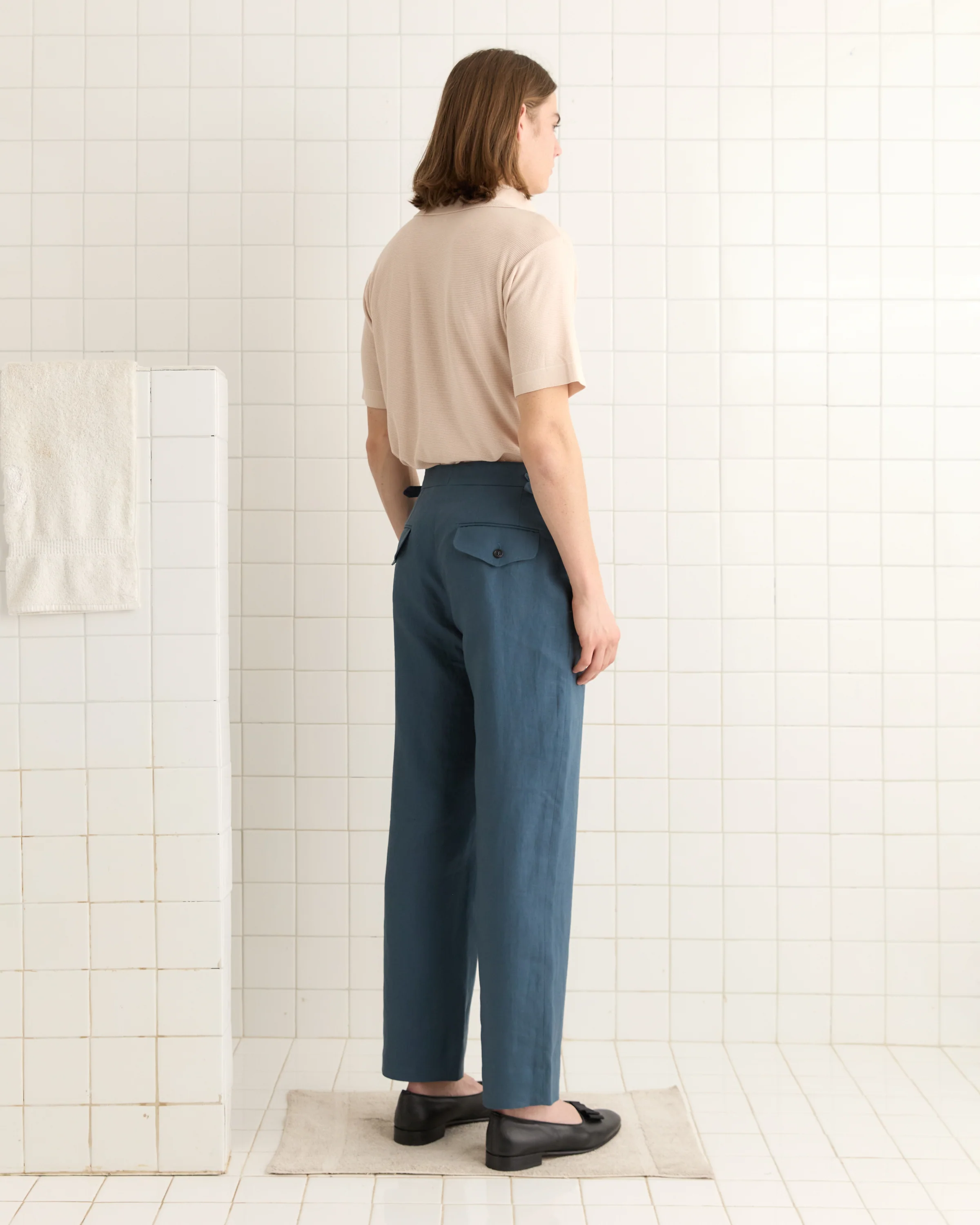 Lightweight Linen Side-Buckle Trousers - Teal - Image 3