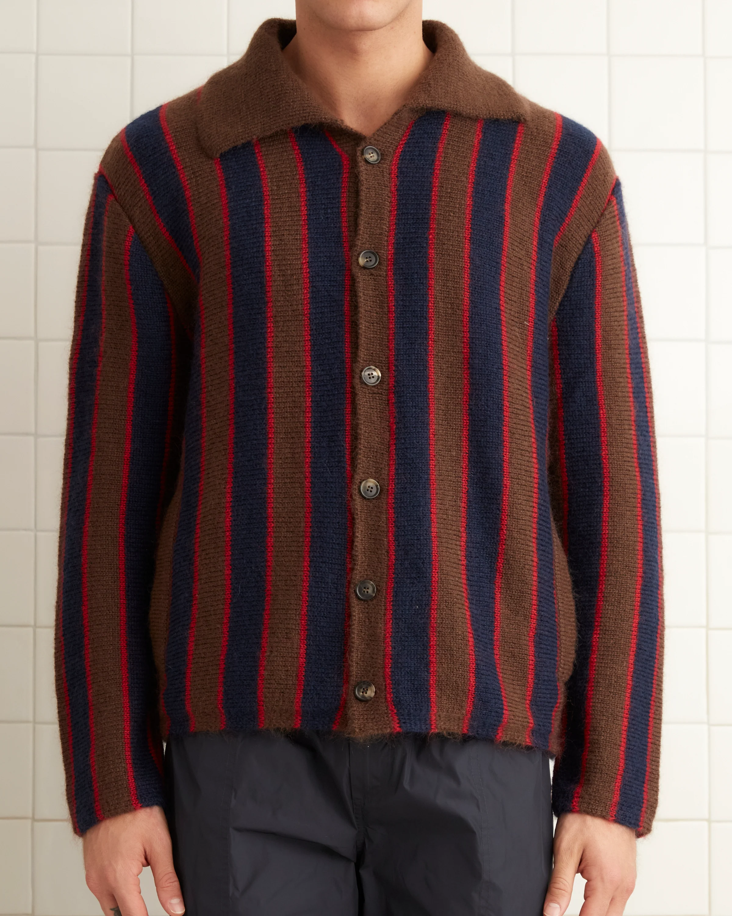 Mohair Stripe Cardigan - Navy/Brown - Image 2
